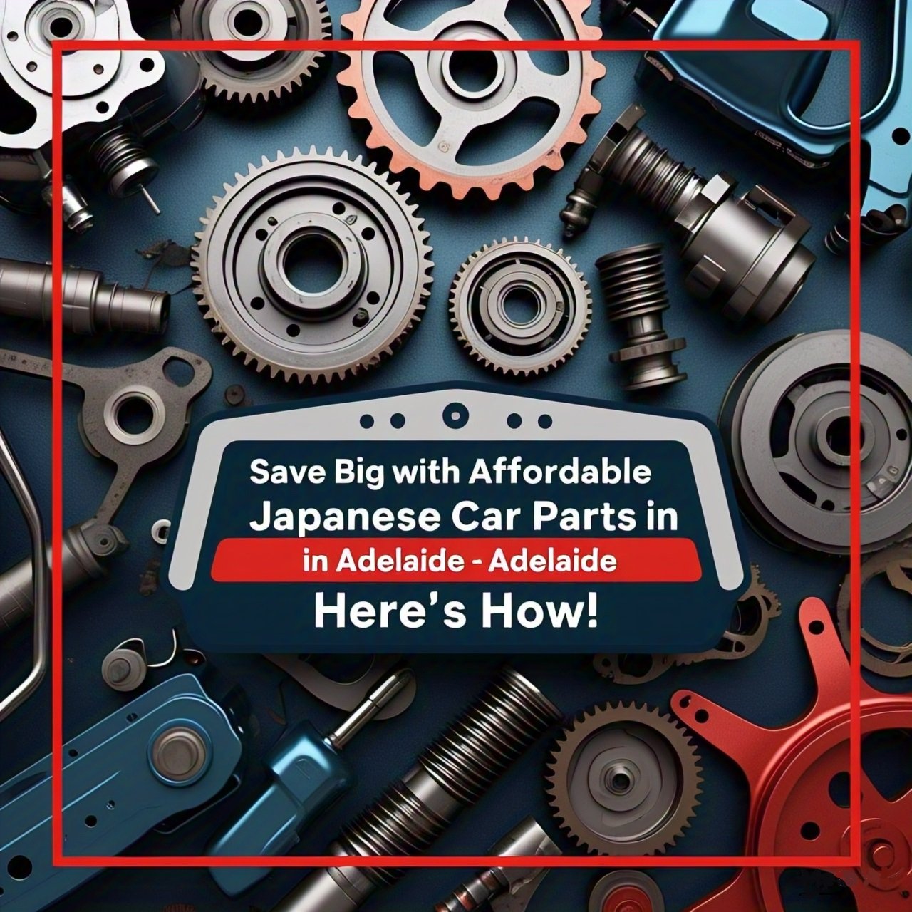 Promotional banner for affordable Japanese car parts in Adelaide, featuring various labeled parts, bold text, and a clean automotive-themed background with metallic blues, grays, and reds