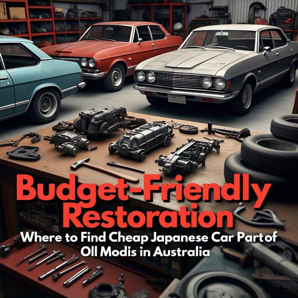 Banner image for affordable Japanese car parts in Australia, featuring vintage Toyotas and Nissans, car parts, and tools, with bold text reading 'Budget-Friendly Restoration: Where to Find Cheap Japanese Car Parts for Old Models in Australia