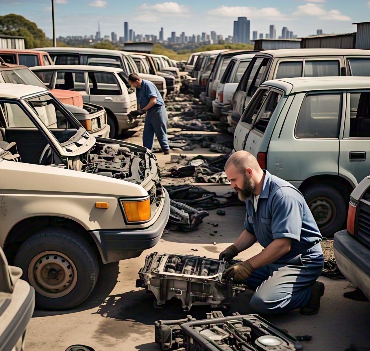 Organized Toyota wrecking yard in Sydney with rows of salvaged vehicles, mechanics retrieving used parts, and a sign reading 'Toyota Wrecking Parts for Sale' conveying reliability, affordability, and sustainability.