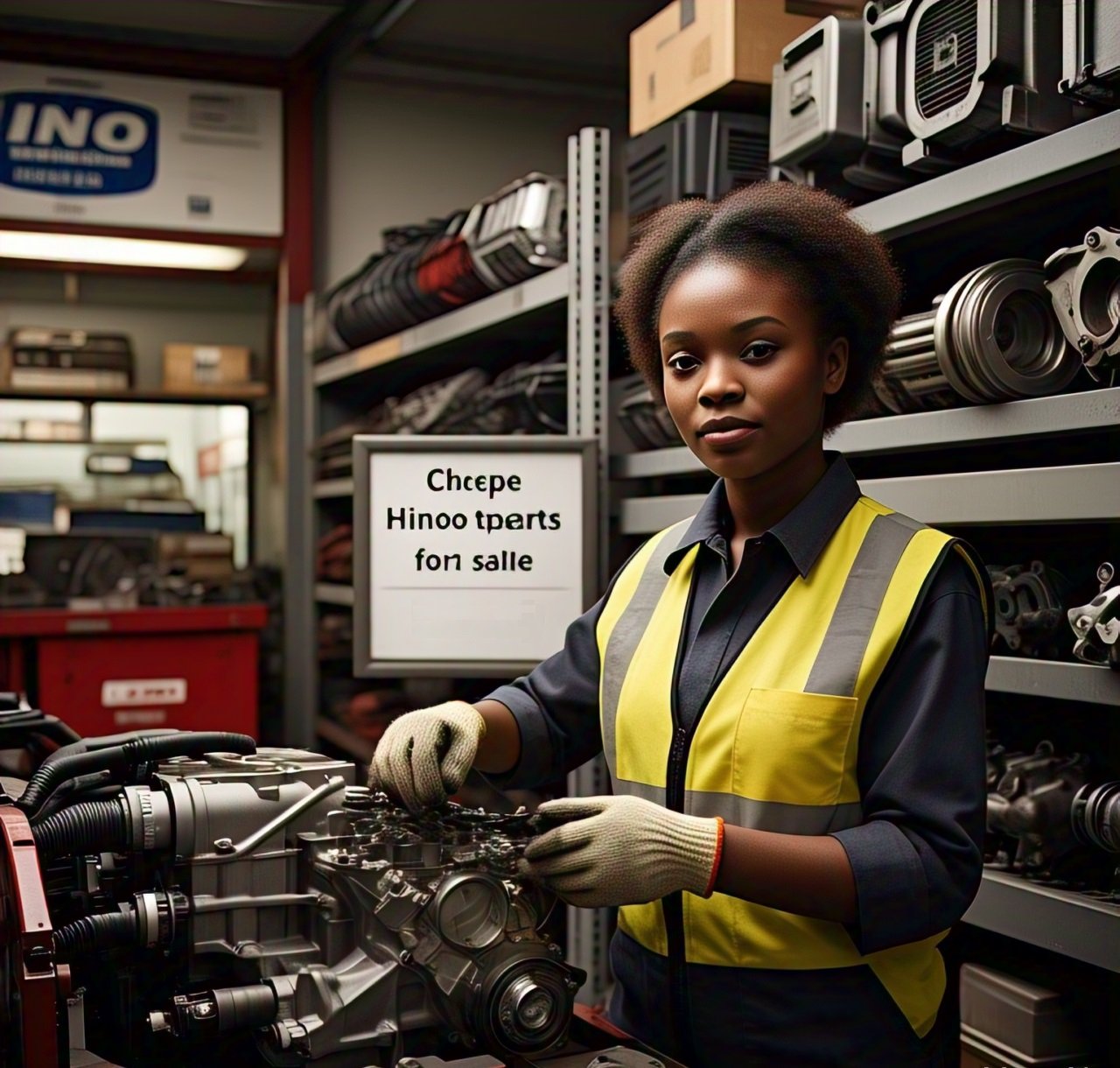 A well-organized garage with a mechanic working on a Hino truck engine, surrounded by shelves of second-hand truck parts, conveying affordability, reliability, and expert service