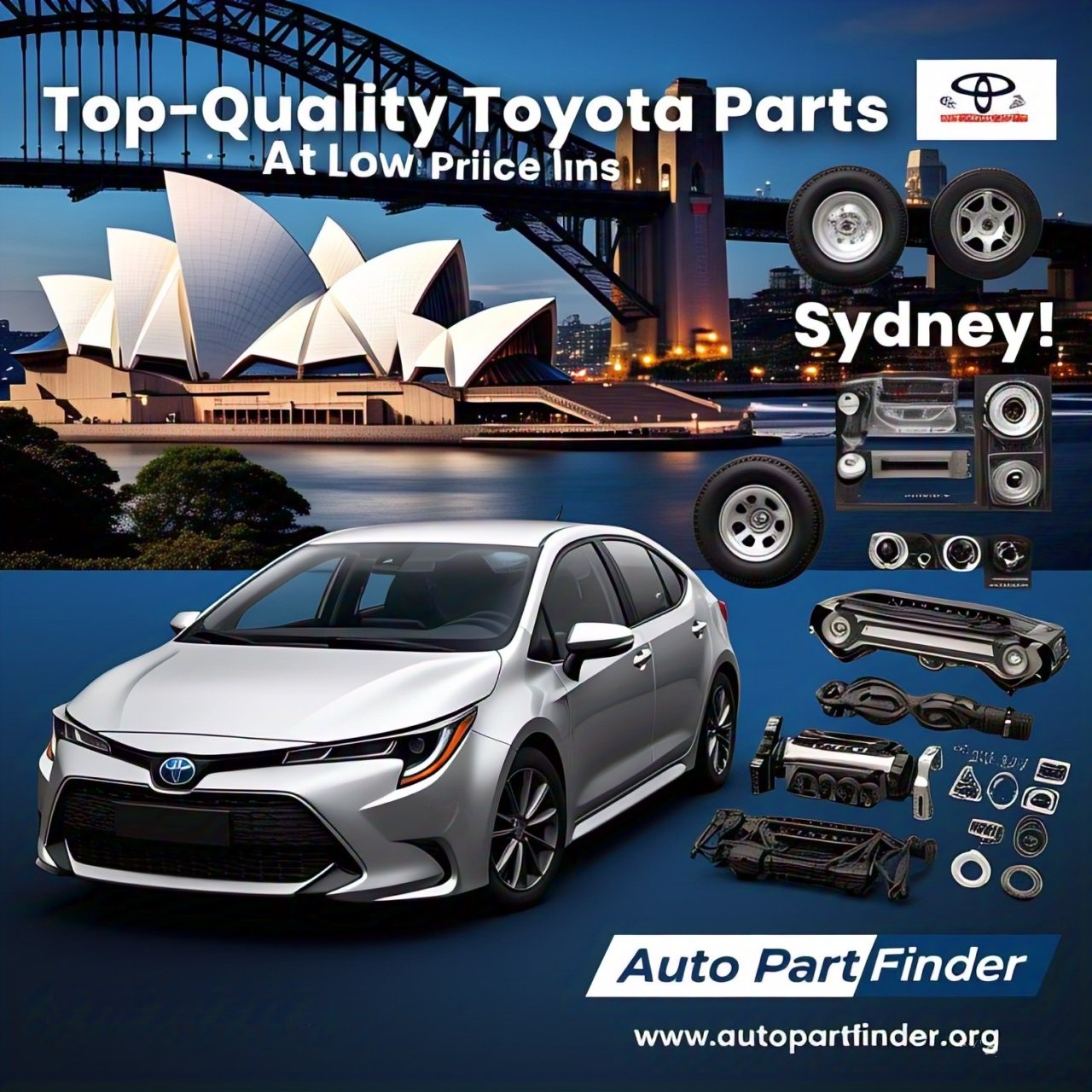 Top-Quality Toyota Corolla Parts at Low Prices in Sydney! A sleek, modern Toyota Corolla is parked in front of the iconic Sydney Opera House with various high-quality car parts displayed in the foreground. Auto Part Finder logo and website autopartfinder.org are prominently displayed